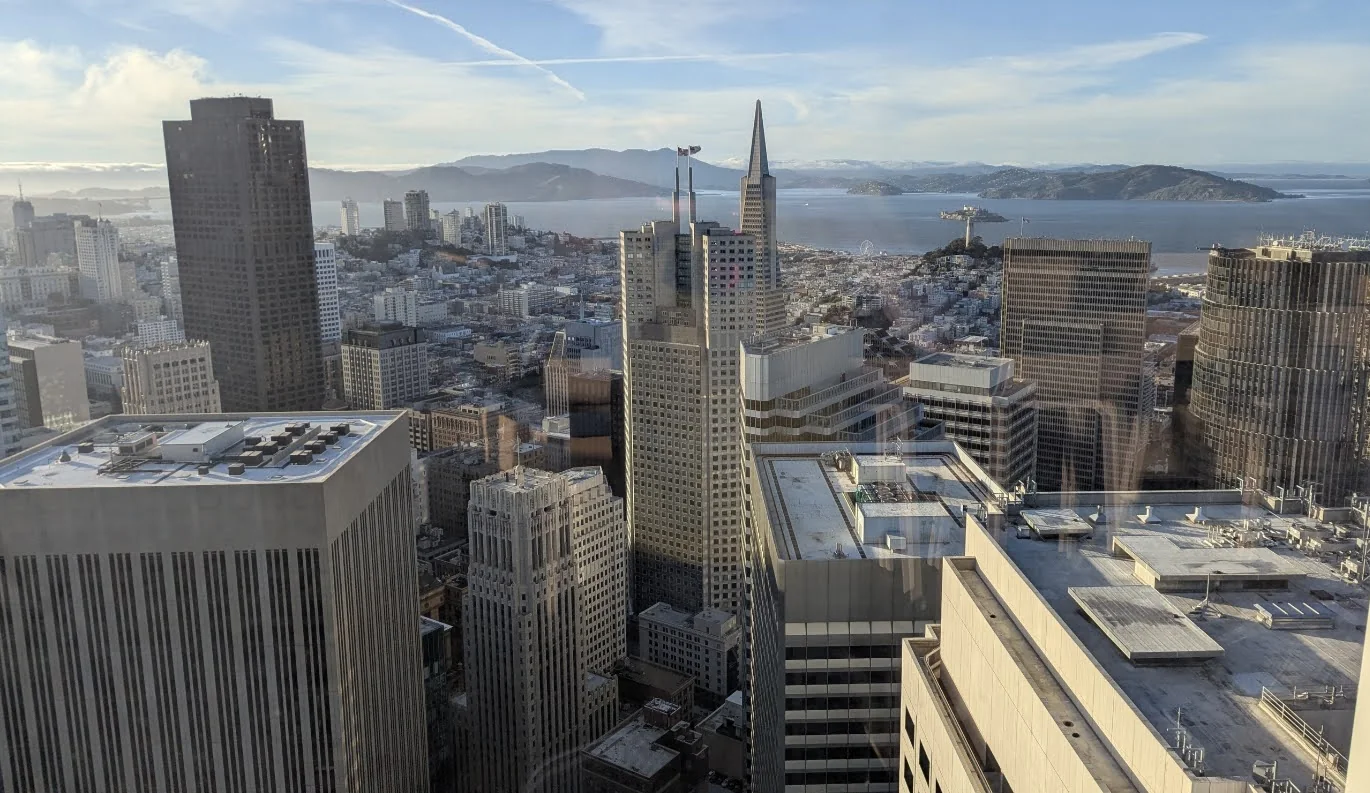 Downtown San Francisco and the bay seen from a high-floor professional venue